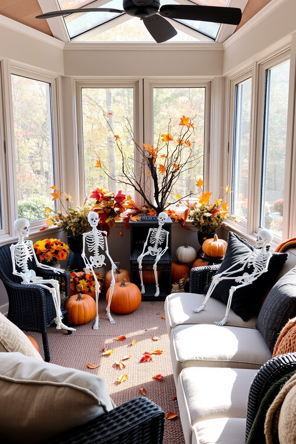 Skeleton figurines are playfully arranged in cozy corners of a sunroom, adding a whimsical touch to the Halloween decor. Surrounding them are autumn-themed decorations, including pumpkins and colorful leaves, creating a festive atmosphere. The sunroom is filled with natural light, highlighting the skeletons and seasonal accents. Plush seating and warm textiles invite relaxation while celebrating the spooky season.