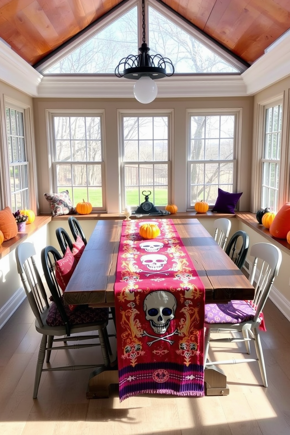 A festive table runner adorned with a skull design stretches across a rustic wooden dining table in a sunroom. Surrounding the table are mismatched chairs, each featuring unique patterns that complement the Halloween theme. Bright orange and deep purple accents are scattered throughout the sunroom, including cushions and decorative pumpkins on the window sills. The large windows allow natural light to pour in, highlighting the playful yet eerie atmosphere of the space.