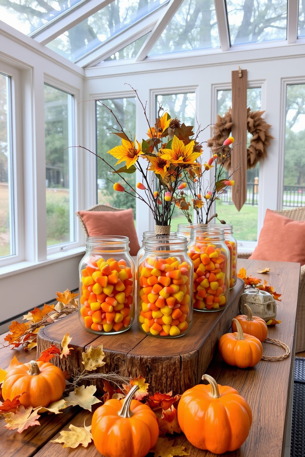 A cozy sunroom decorated for Halloween features mason jars filled with vibrant candy corn arranged on a rustic wooden table. Surrounding the jars are autumn leaves and small pumpkins, enhancing the festive atmosphere while soft, warm lighting creates an inviting glow.