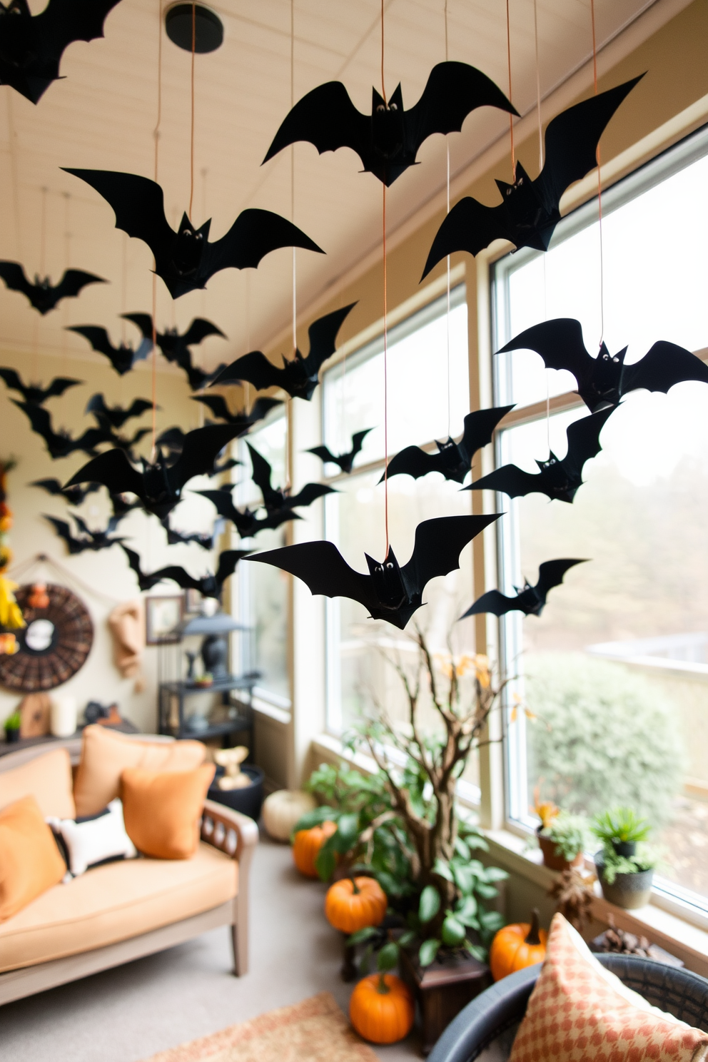 A whimsical Halloween sunroom features hanging paper bats suspended from the ceiling, creating a playful and festive atmosphere. The walls are adorned with autumn-themed decorations, and cozy seating areas invite guests to enjoy the seasonal charm.