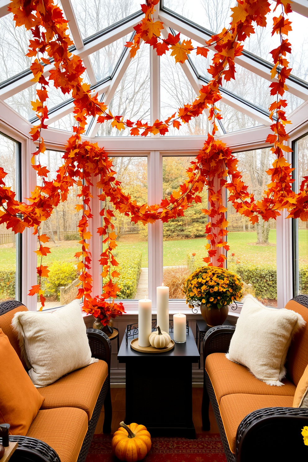 A sunroom filled with vibrant garlands of fall leaves in shades of orange, red, and yellow drapes elegantly across the windows. Cozy seating arrangements with plush cushions invite relaxation, while small pumpkins and candles add a festive touch to the decor.