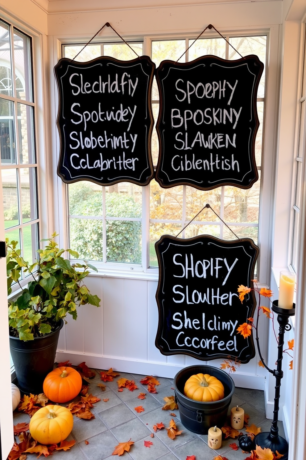 Chalkboard signs are hung in the sunroom, each displaying spooky messages written in white chalk. The sunroom is adorned with autumn leaves, small pumpkins, and flickering candles to enhance the Halloween atmosphere.