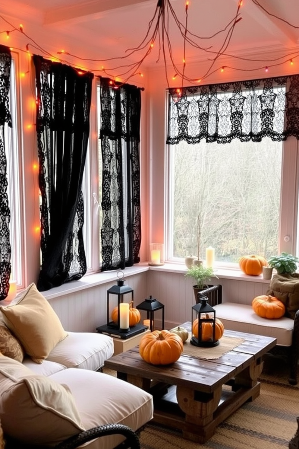 A sunroom adorned with black lace curtains creates a dramatic atmosphere perfect for Halloween. The space features comfortable seating with plush cushions and a rustic coffee table, inviting guests to relax and enjoy the seasonal decor. Pumpkins of various sizes are strategically placed on the windowsills, complemented by flickering candle lanterns that add warmth to the room. Strings of orange and purple fairy lights hang overhead, casting a soft glow that enhances the festive ambiance.