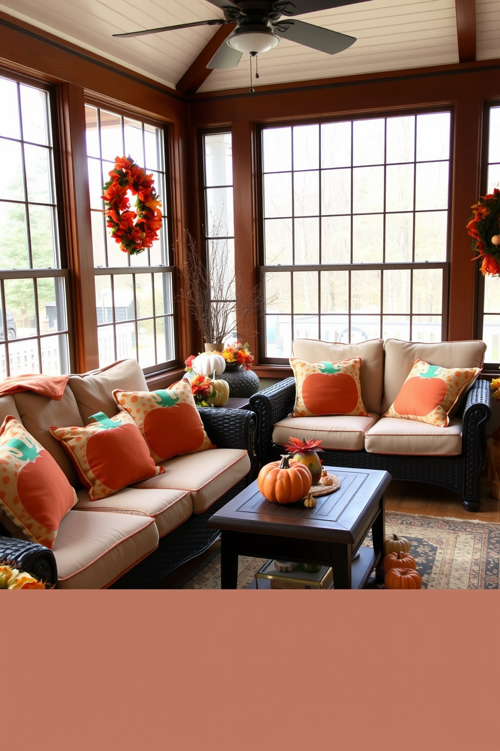 A cozy sunroom decorated for Halloween features sofas adorned with pumpkin-themed throw pillows in vibrant orange and playful patterns. The space is filled with natural light, showcasing a mix of autumn decor, including small pumpkins and fall foliage accents throughout.