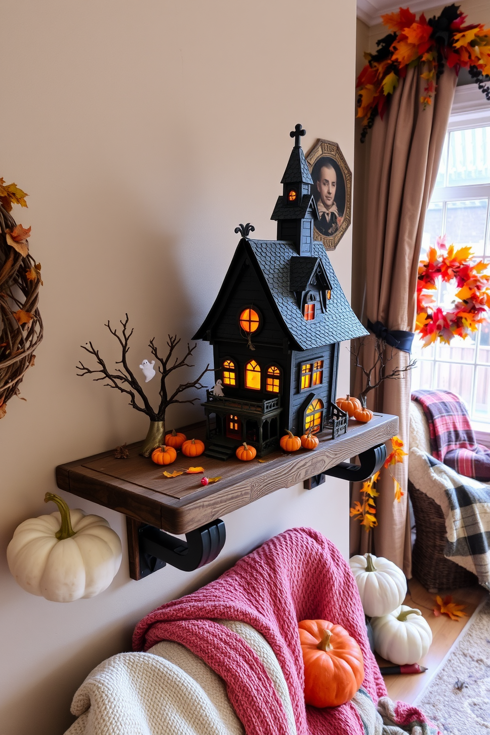 A whimsical miniature haunted house display sits on a rustic wooden shelf. The house features intricate details like cobwebs, tiny ghosts, and glowing windows, creating a playful Halloween atmosphere. In the sunroom, vibrant autumn decorations enhance the cozy vibe. Pumpkins, colorful leaves, and soft throw blankets are arranged to invite warmth and seasonal cheer.