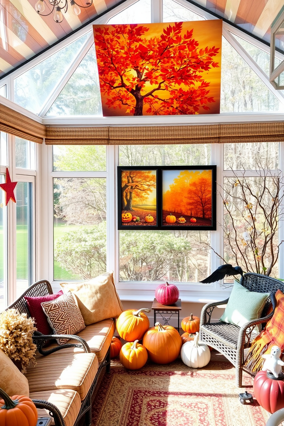 A cozy sunroom adorned with seasonal artwork that captures the essence of autumn. Vibrant hues of orange, red, and gold create a warm atmosphere, complemented by Halloween-themed decorations like pumpkins and whimsical ghosts.