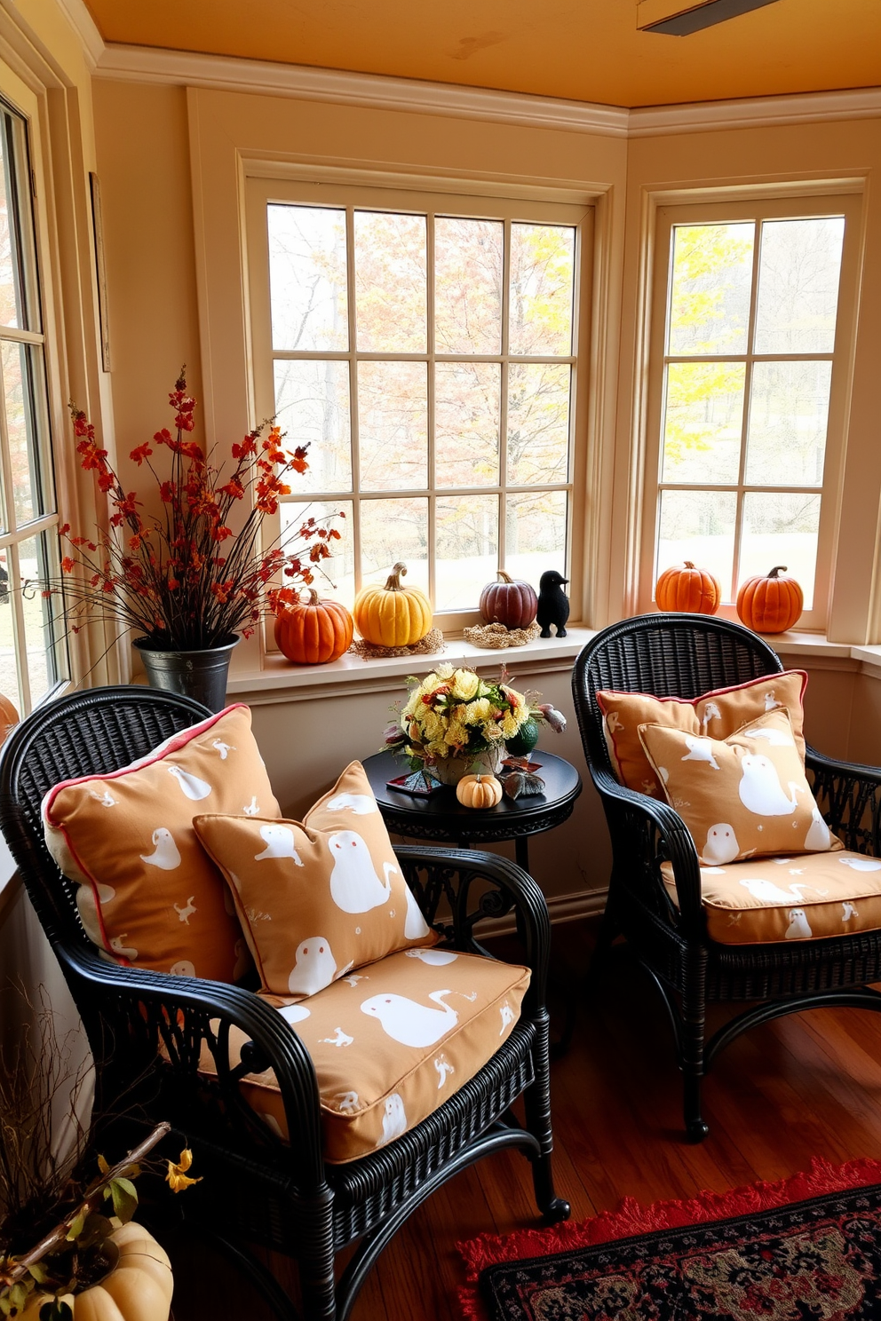 A cozy sunroom adorned with chairs featuring cushions that have subtle ghost patterns. The space is filled with warm autumn colors, and decorative pumpkins are placed on the window sills to enhance the Halloween theme.