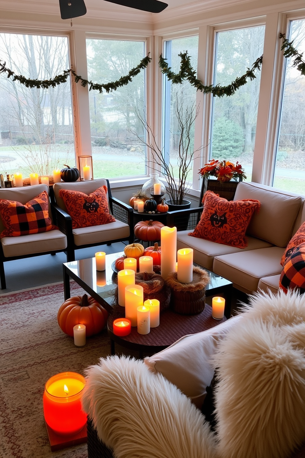 A cozy sunroom decorated for Halloween features a collection of flickering LED candles placed on various surfaces. The warm glow of the candles creates a welcoming atmosphere, complemented by autumn-themed decorations like pumpkins and garlands. Soft, plush seating arrangements are adorned with seasonal throw pillows in shades of orange and black. Large windows allow natural light to filter in, enhancing the festive ambiance while keeping the space inviting and safe.