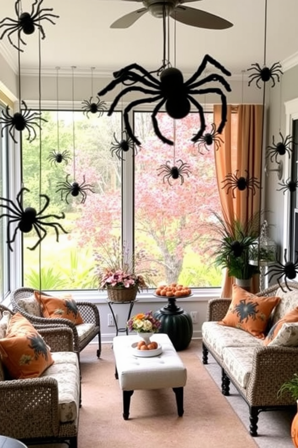 Create a whimsical Halloween sunroom filled with spider decorations crawling on various pieces of furniture. The space features cozy seating arrangements adorned with festive throw pillows and a large window showcasing autumn foliage.