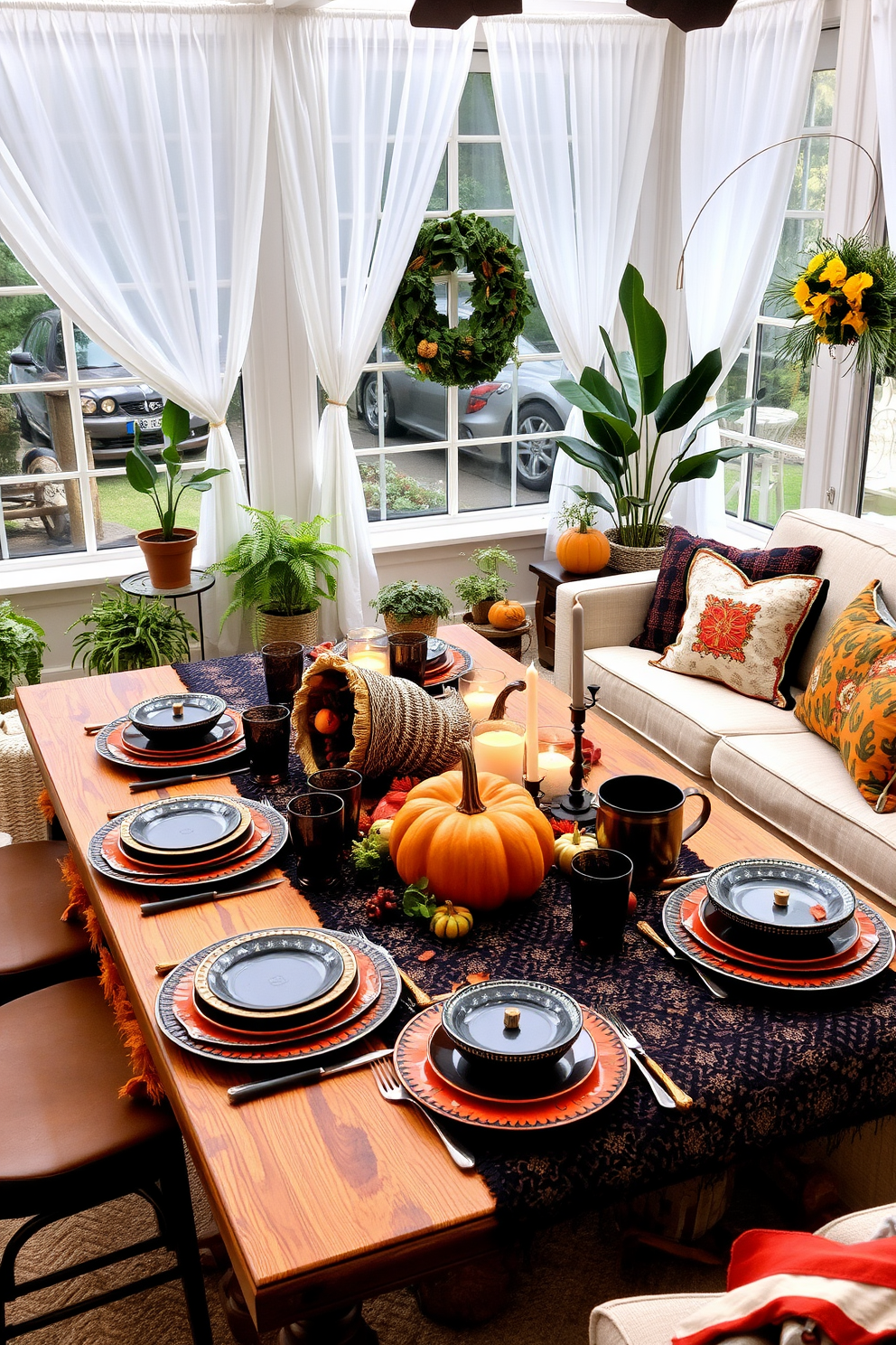 A harvest-themed table setting for gatherings features a rustic wooden table adorned with a vibrant autumn tablecloth. Centered on the table, a cornucopia overflowing with seasonal fruits and vegetables creates a warm and inviting focal point. For Halloween, a spooky table setting includes black and orange tableware arranged on a dark lace table runner. Flickering candlelight from carved pumpkins adds an eerie glow, enhancing the festive atmosphere. Sunroom decorating ideas embrace natural light with airy white curtains framing large windows. Comfortable seating is arranged around a wooden coffee table, adorned with potted plants and colorful throw pillows for a cozy retreat.