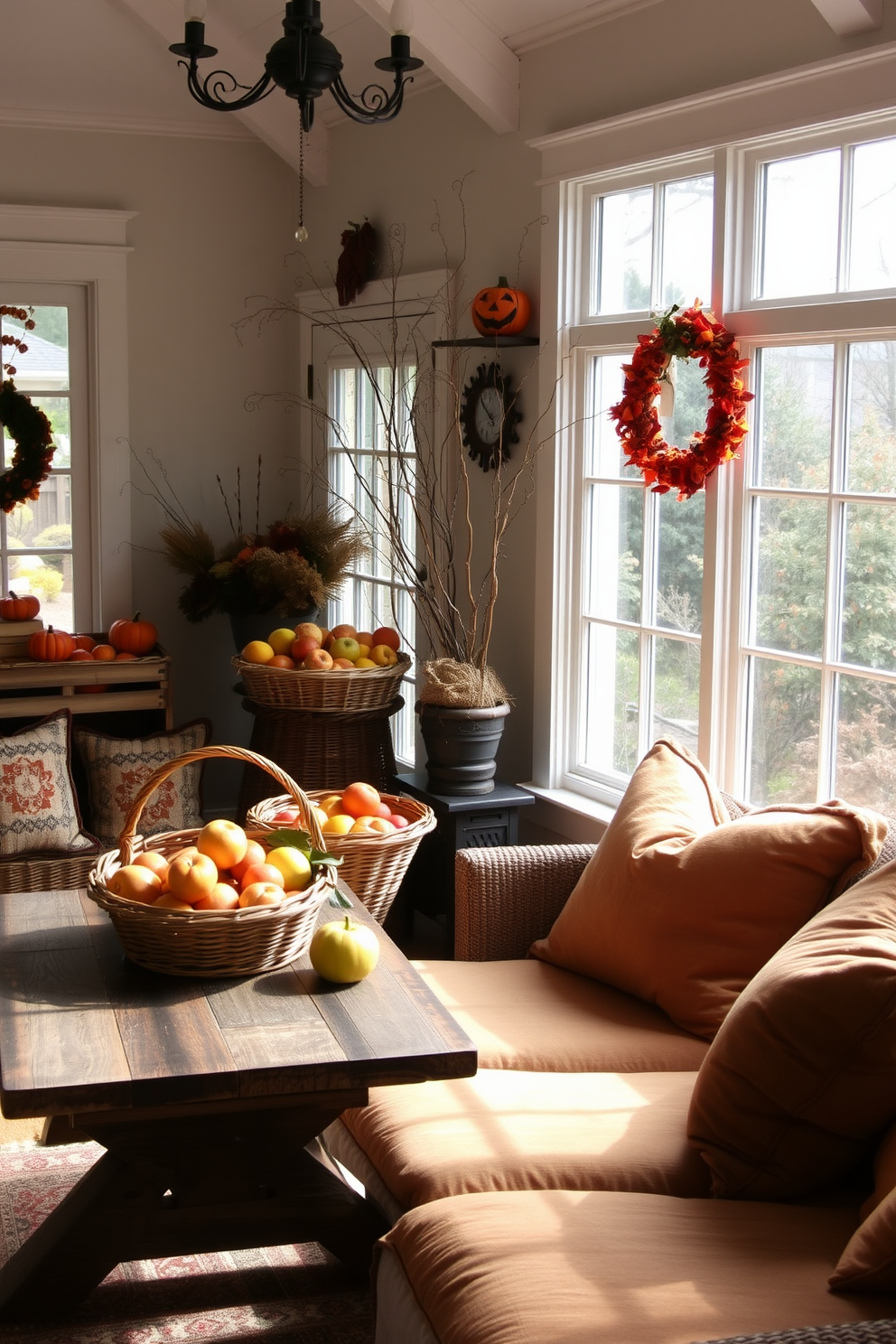 A cozy sunroom filled with natural light. Woven baskets overflowing with seasonal fruits are placed on a rustic wooden table, creating a warm and inviting atmosphere. The walls are adorned with autumn-themed decorations, featuring subtle Halloween accents. Plush seating in earthy tones invites relaxation, while soft throw pillows add a touch of comfort.