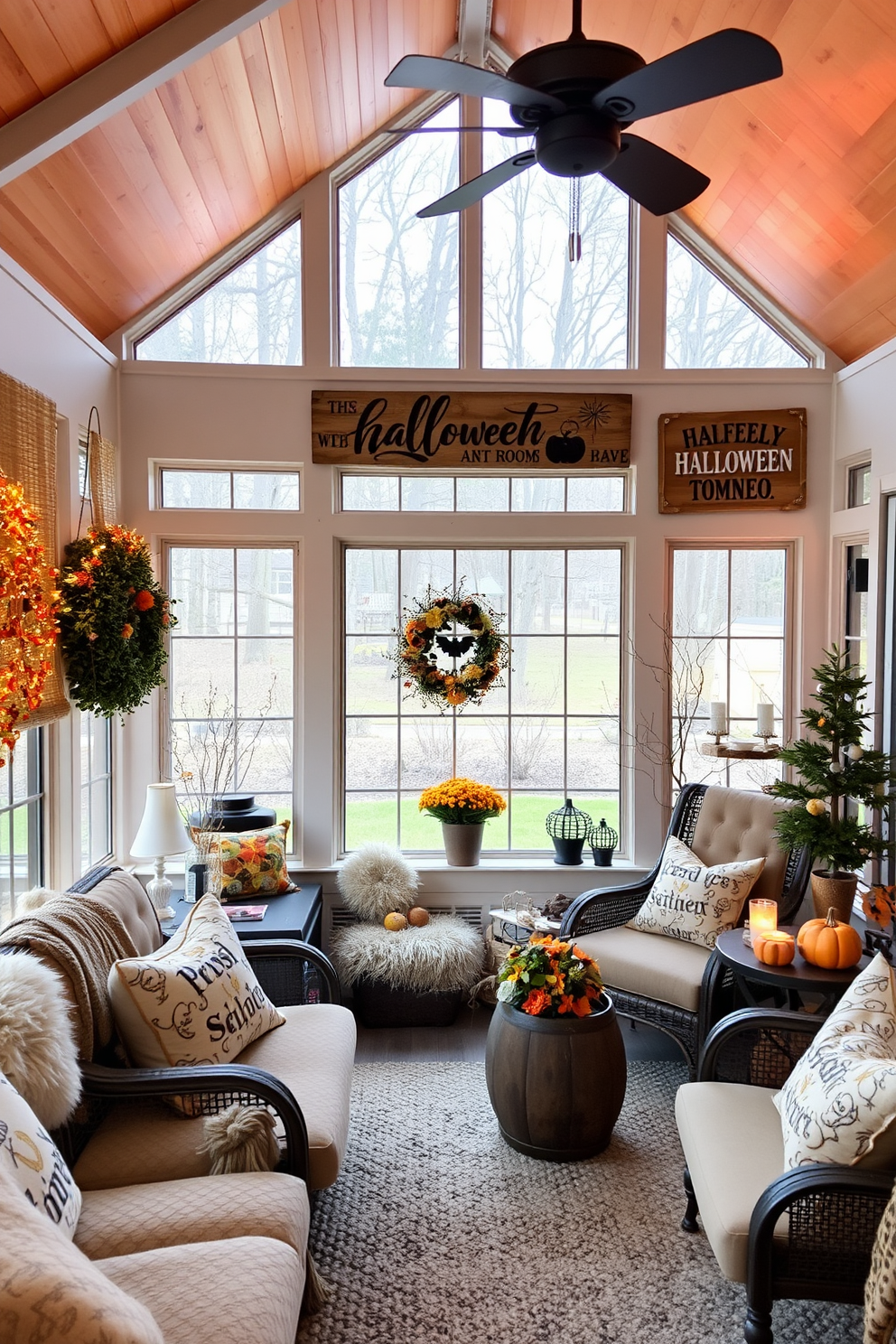 A cozy sunroom adorned with rustic wooden signs featuring whimsical Halloween quotes hangs on the walls. The space is filled with plush seating, seasonal decorations, and warm, ambient lighting to create an inviting atmosphere.