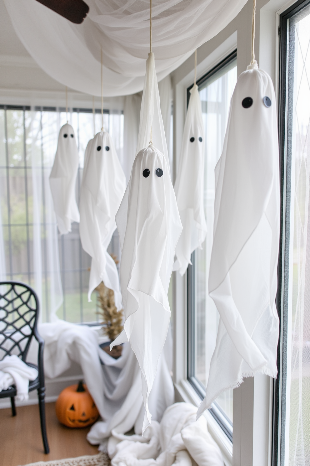 Hanging fabric ghosts flutter gently in the breeze, adding a whimsical and playful touch to the sunroom. Soft, sheer fabrics in shades of white and gray create an ethereal atmosphere, perfect for a Halloween celebration.