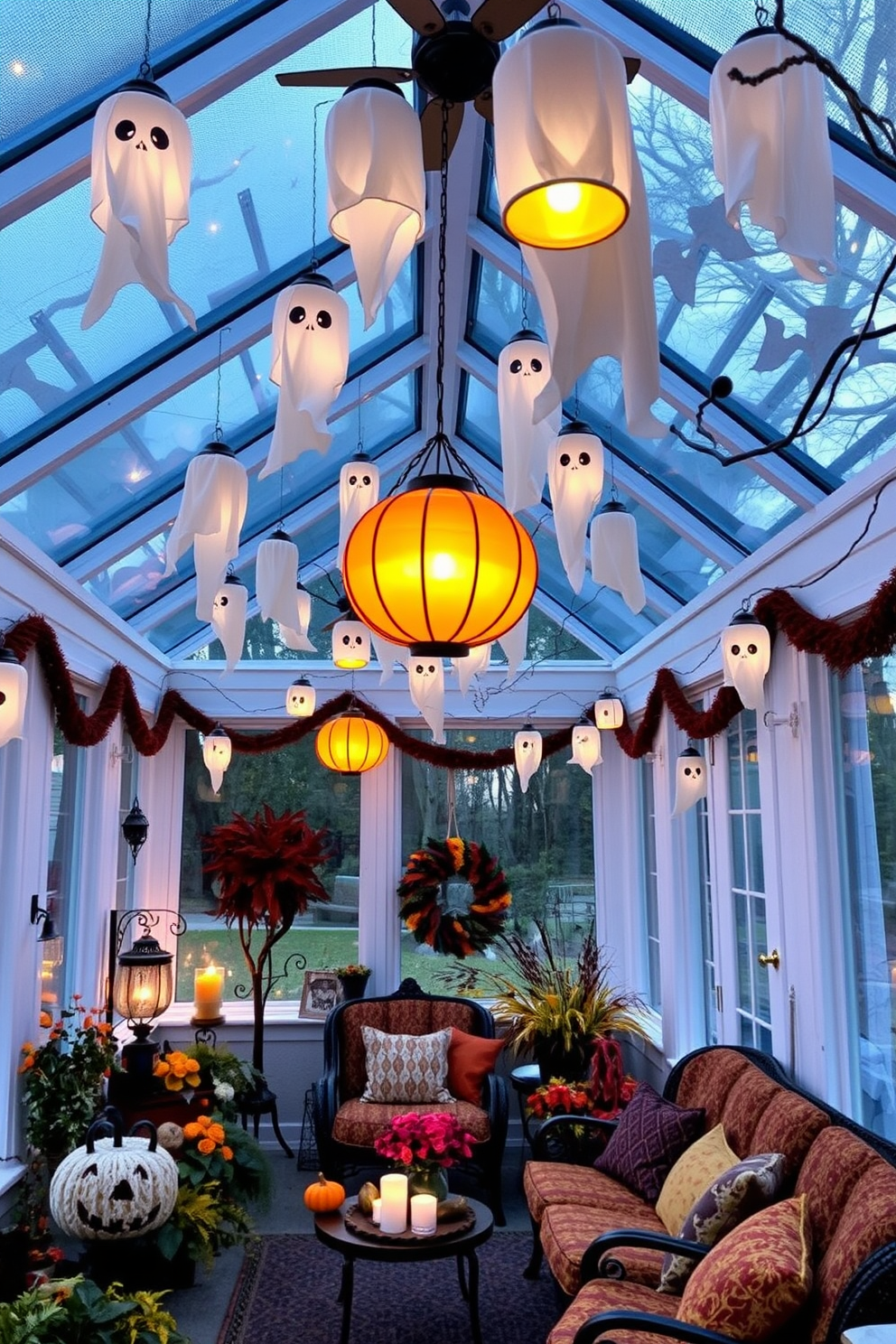 A sunroom filled with ghostly lanterns hanging from the ceiling creates an enchanting Halloween atmosphere. The space features cozy seating surrounded by autumn-themed decorations and warm, inviting colors.