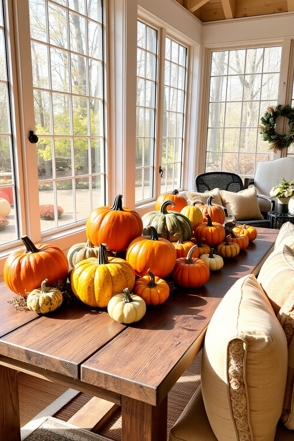 Colorful pumpkins are artfully arranged on a rustic wooden table by a large window, allowing natural light to illuminate their vibrant hues. The sunroom features cozy seating with plush cushions, and autumn-themed decorations enhance the festive atmosphere.