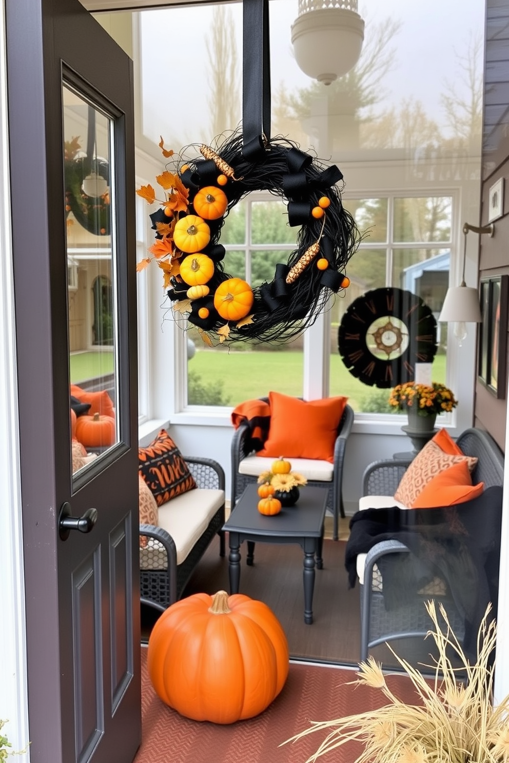 A black and orange wreath hangs on the front door, adorned with festive pumpkins and autumn leaves. Inside the sunroom, cozy seating is arranged around a small table, with orange cushions and black throw blankets enhancing the Halloween theme.