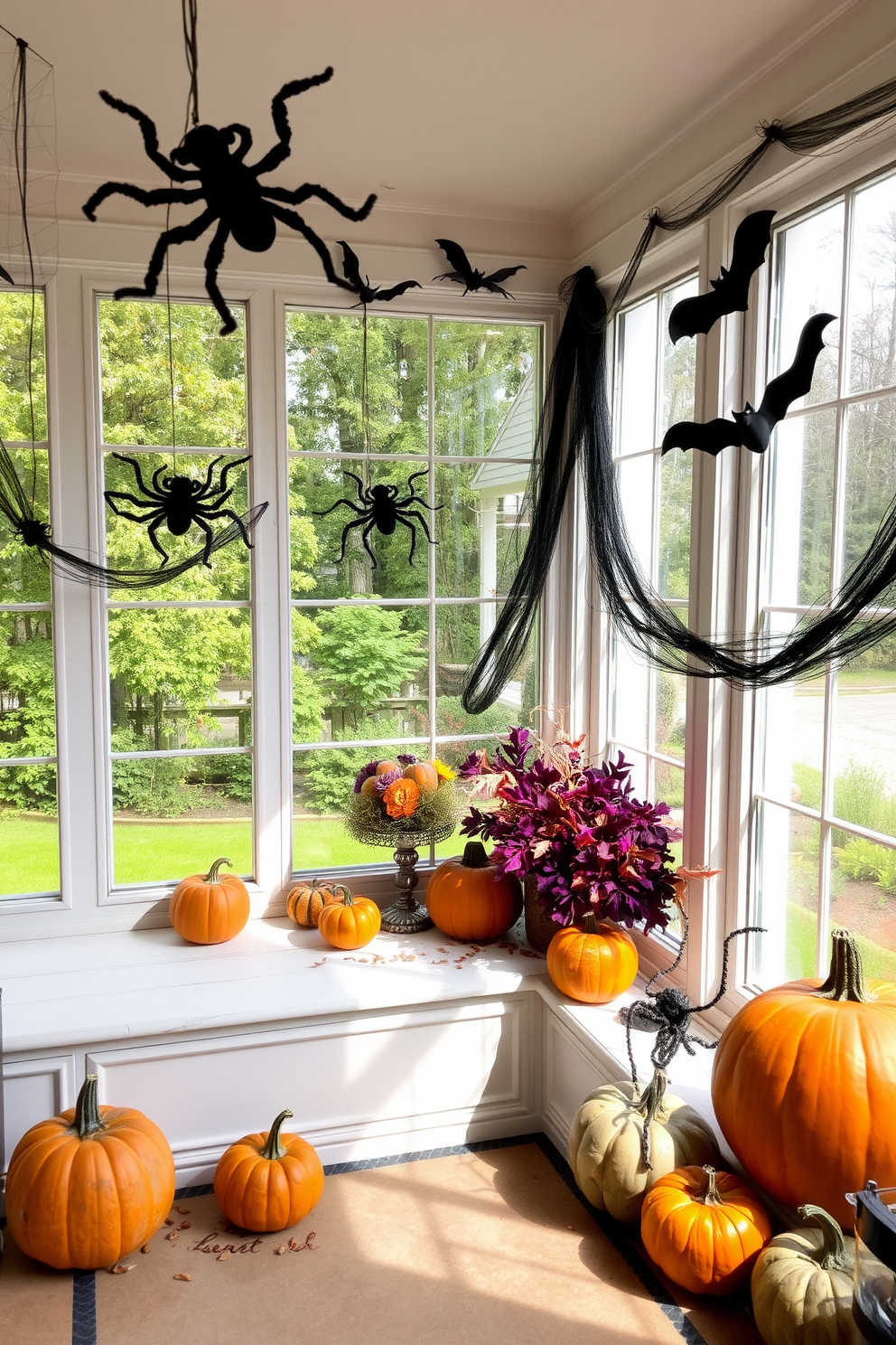 Creepy crawly decorations adorn the window sills of a sunroom filled with natural light. Spiders, bats, and faux cobwebs create an eerie atmosphere, perfectly complementing the autumnal decor. The sunroom features a mix of vibrant orange and deep purple accents, enhancing the Halloween theme. Pumpkins of various sizes are strategically placed alongside the decorations, adding a festive touch to the space.