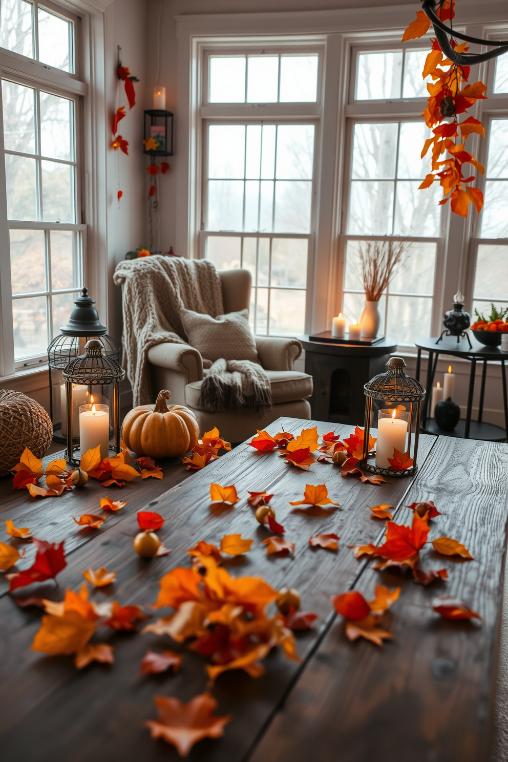 Autumn leaves in vibrant shades of orange and gold are scattered across rustic wooden tables, creating a warm and inviting atmosphere. Soft, natural light filters through the large windows, illuminating the cozy space filled with seasonal decor. In the corner, a plush armchair adorned with a knitted throw invites relaxation, while a small pumpkin centerpiece adds a festive touch. Decorative lanterns with flickering candles provide a gentle glow, enhancing the enchanting ambiance of the Halloween sunroom.