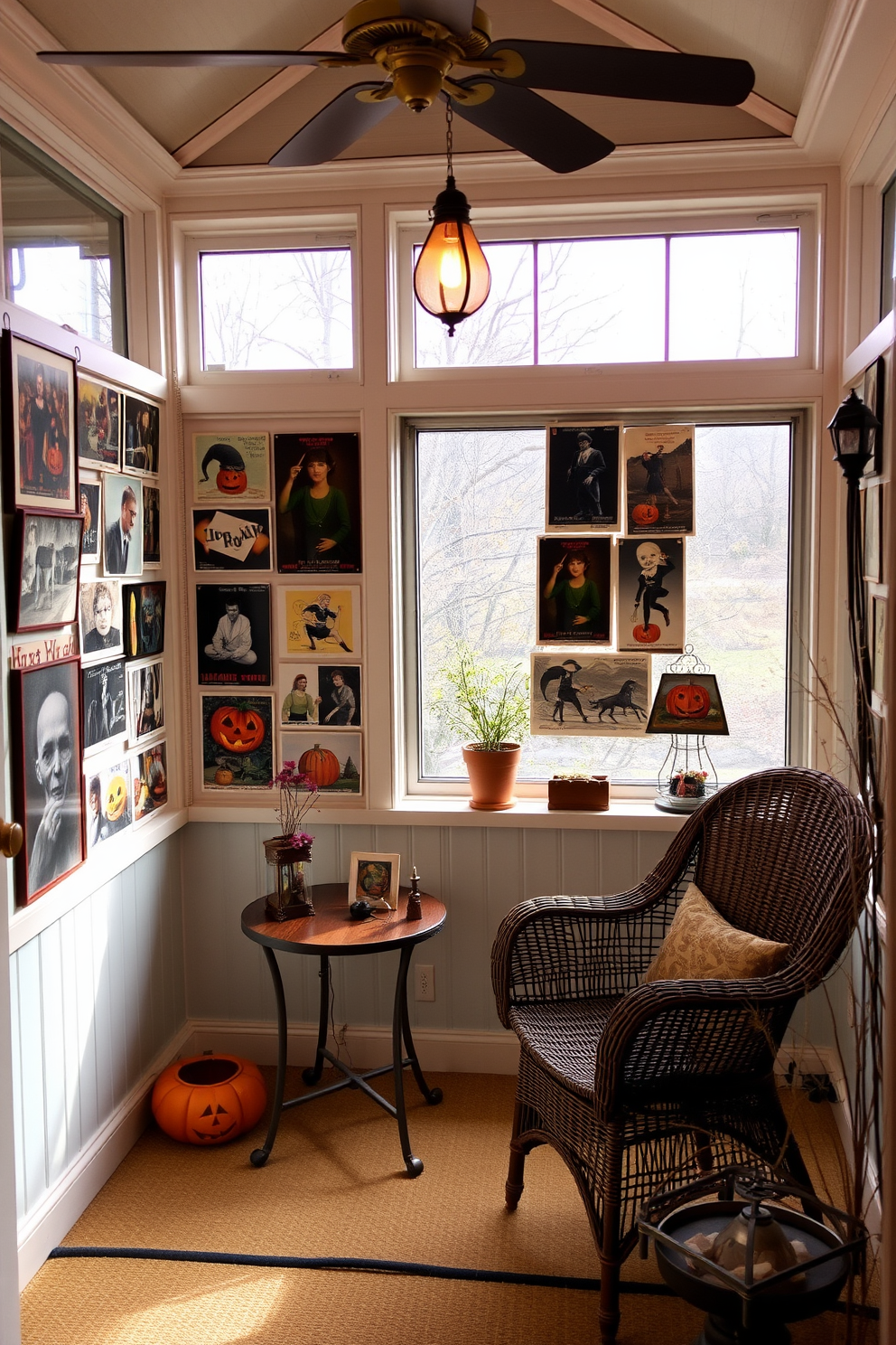 A cozy sunroom adorned with vintage Halloween postcards as wall art. The postcards feature classic Halloween imagery and are arranged in a playful gallery style on the walls. A comfortable seating area includes a vintage wicker chair and a small wooden table. Soft, warm lighting creates an inviting atmosphere perfect for enjoying the spooky season.