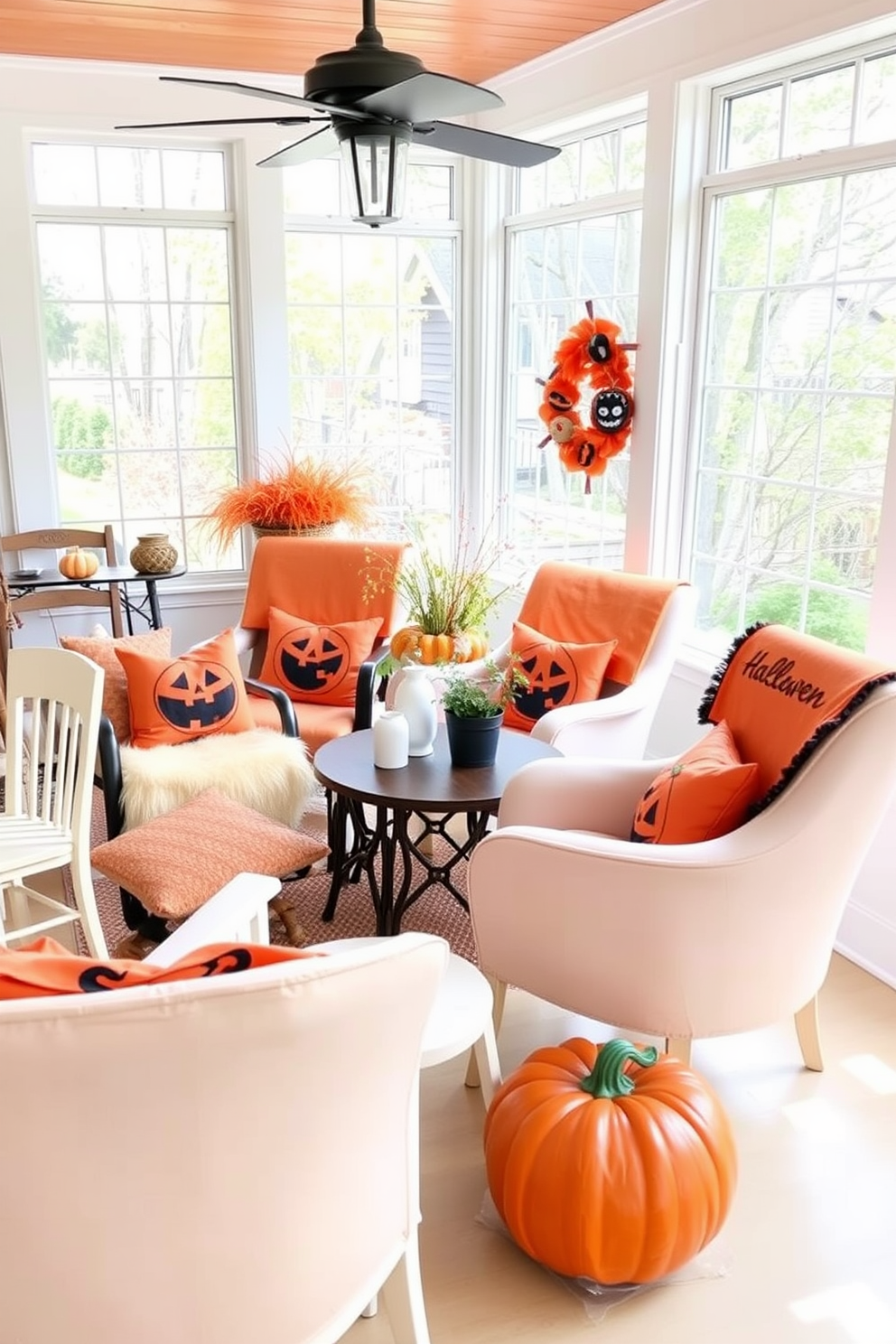 Create a cozy sunroom filled with mismatched chairs adorned with festive Halloween covers. The space is bright and inviting, featuring large windows that let in natural light and a warm, autumnal color palette.