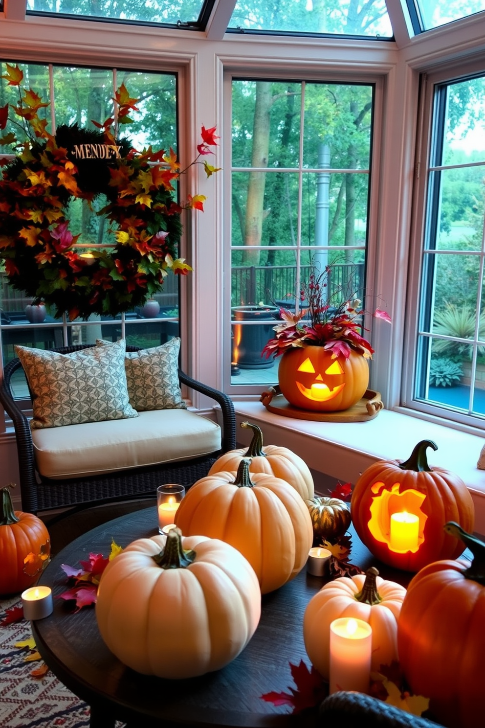 Create a cozy sunroom setting for Halloween featuring carved pumpkins with candles inside them. The warm glow from the candles casts a soft light, enhancing the autumnal decor with colorful leaves and seasonal accents.