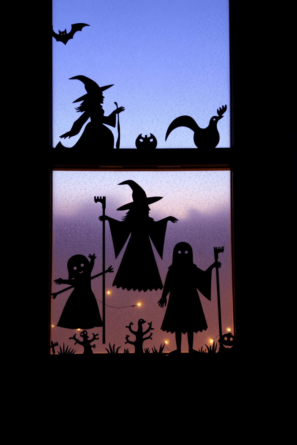 Spooky silhouettes of witches and ghosts are displayed in the window, creating an eerie atmosphere for Halloween. The silhouettes are cut from black cardstock and backlit by soft orange lights, enhancing the ghostly effect as night falls.