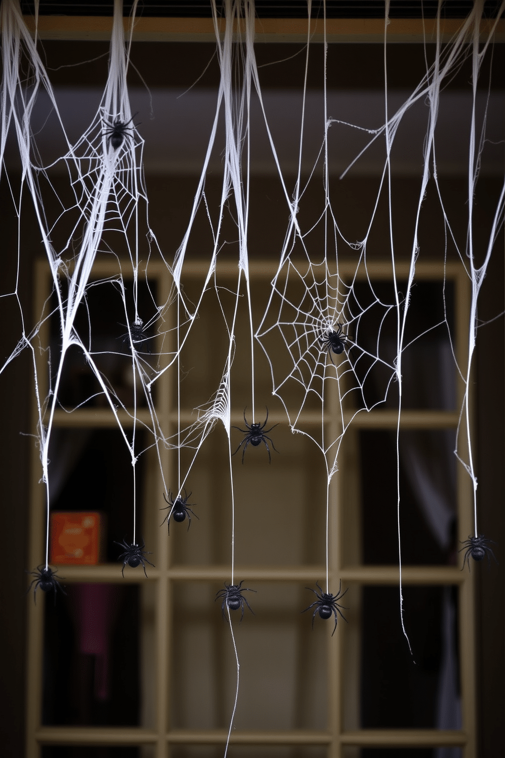 Hanging spider webs stretch across the window frame, creating a spooky atmosphere perfect for Halloween. Plastic spiders dangle from the webs, adding an eerie touch to the festive decor.