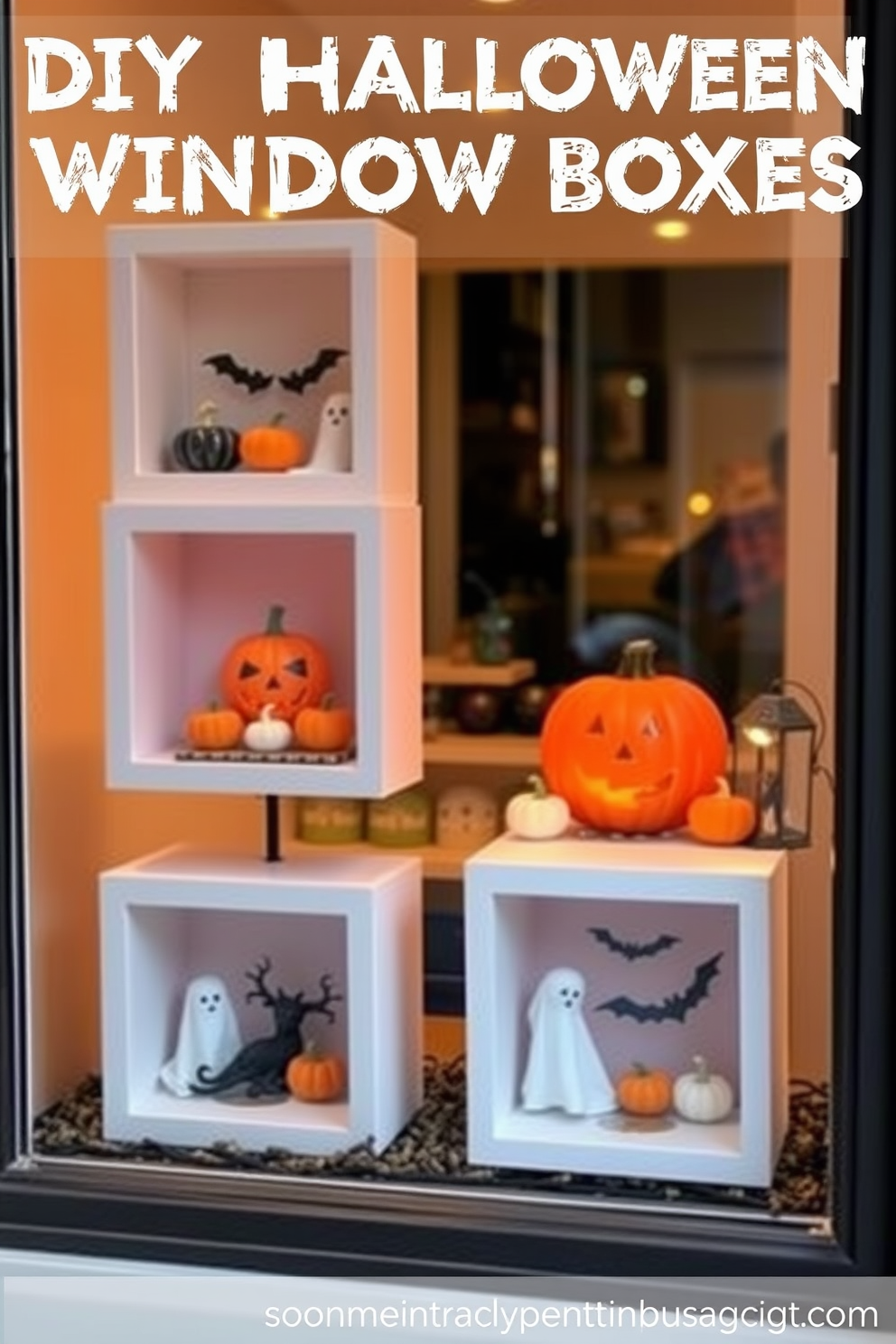 A cozy Halloween-themed window display featuring DIY shadow boxes adorned with spooky props. Each shadow box includes miniature pumpkins, ghosts, and bats, creating a festive atmosphere that captures the essence of the holiday.