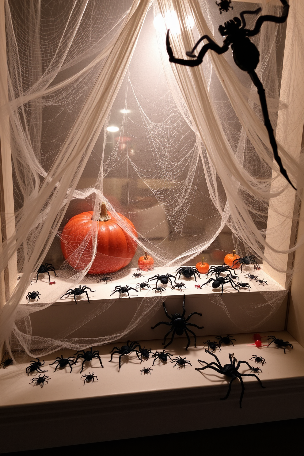 A spooky Halloween window display featuring a variety of creepy crawlies scattered on the window sill. The scene includes realistic spider webs draping from the corners, with plastic spiders and insects positioned strategically to create an eerie atmosphere.