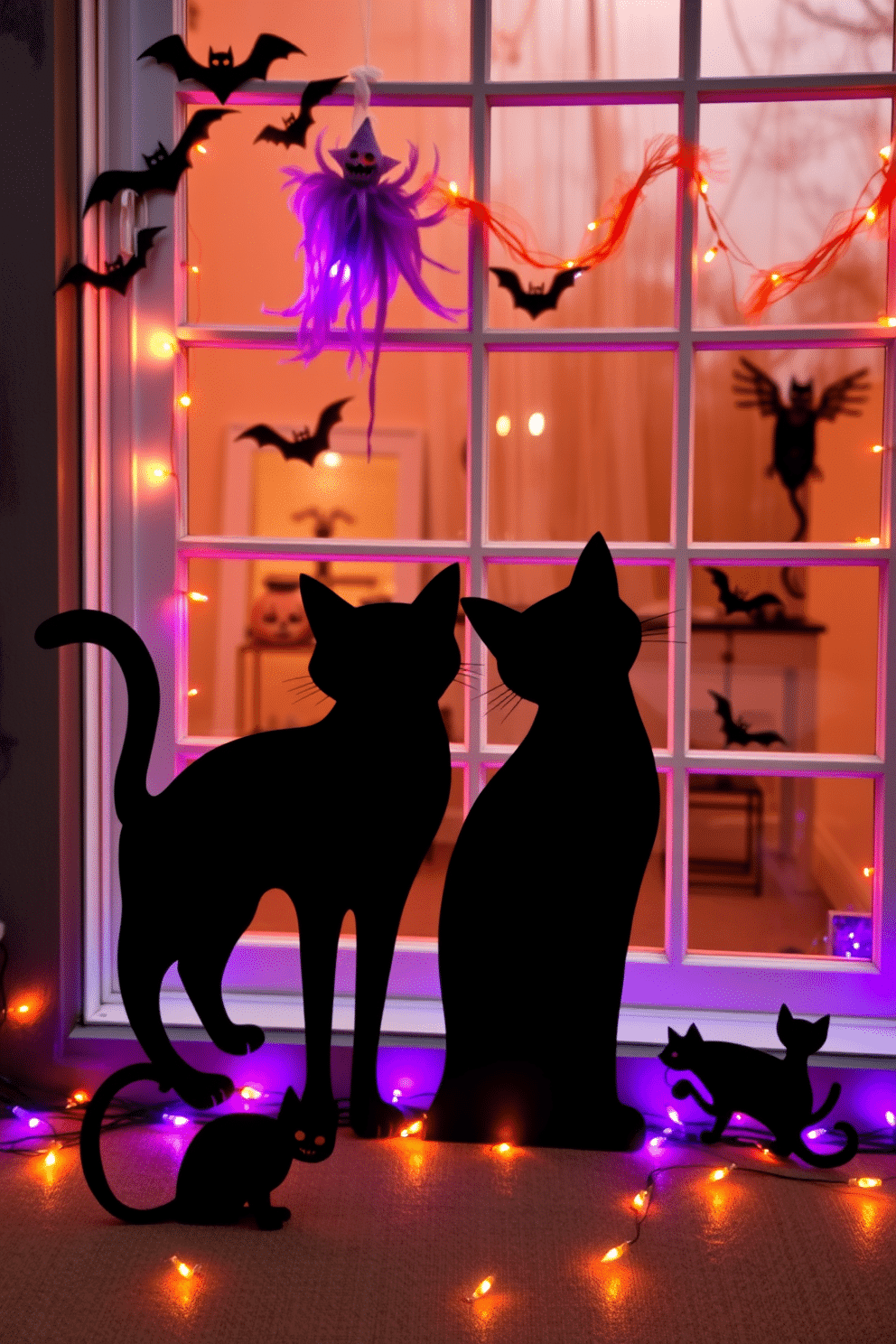 Black cat silhouettes are playfully arranged against a large glass window adorned with spooky Halloween decorations. The silhouettes are crafted from black cardstock, creating a striking contrast with the warm glow of orange and purple lights surrounding the window.