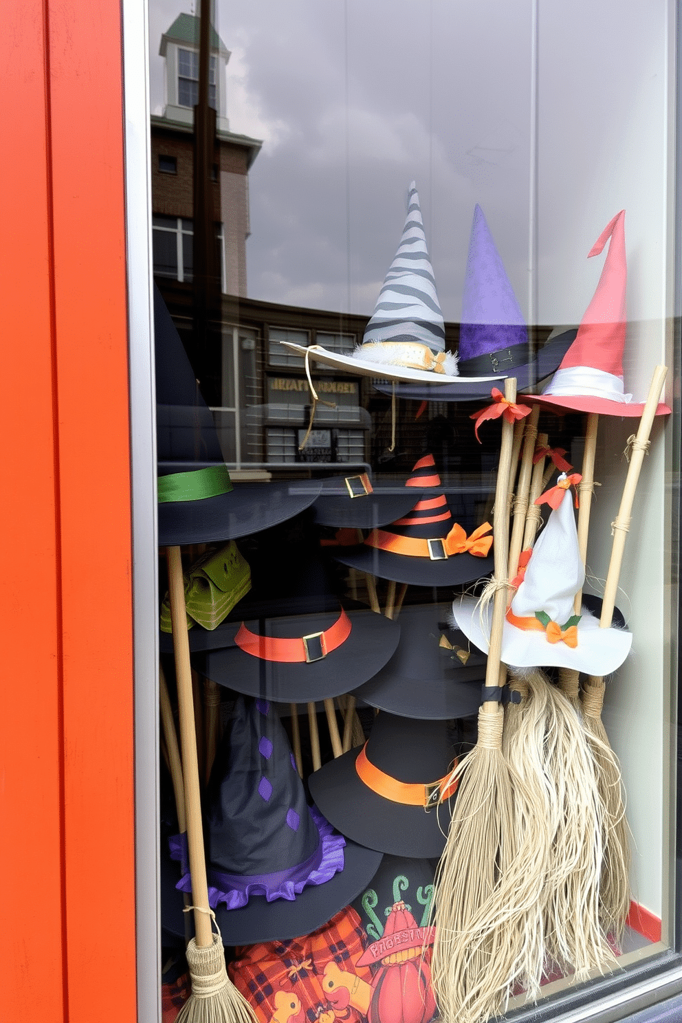 A whimsical Halloween window display featuring an array of witch hats in various styles and colors. Broomsticks are artfully arranged alongside the hats, creating a festive and enchanting atmosphere.