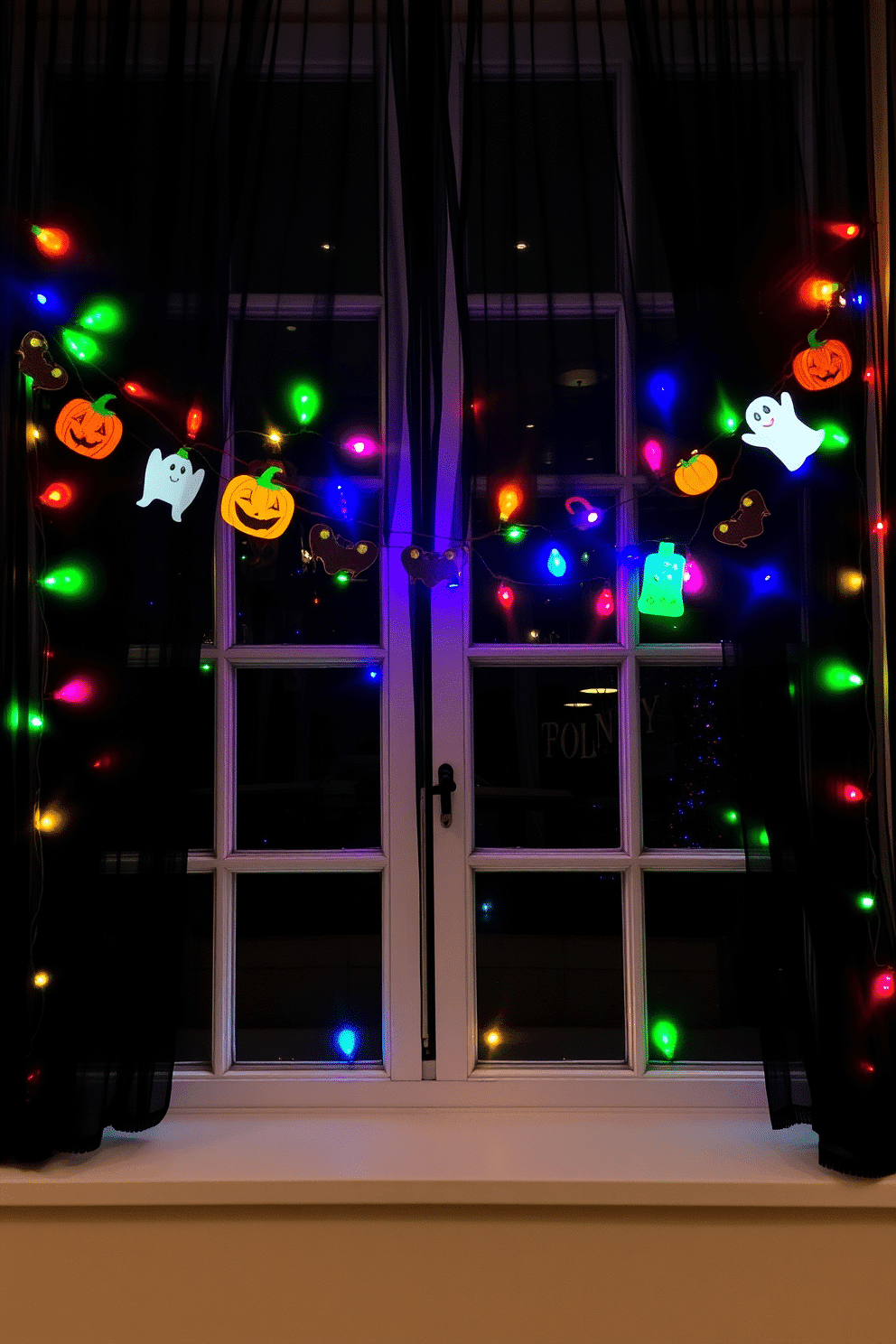 A whimsical Halloween window display adorned with colorful garlands of lights. The garlands feature playful designs including pumpkins, ghosts, and bats, creating a festive atmosphere. The window is framed with sheer black curtains that softly filter the light. Twinkling lights in various colors illuminate the space, casting a warm glow that enhances the Halloween spirit.