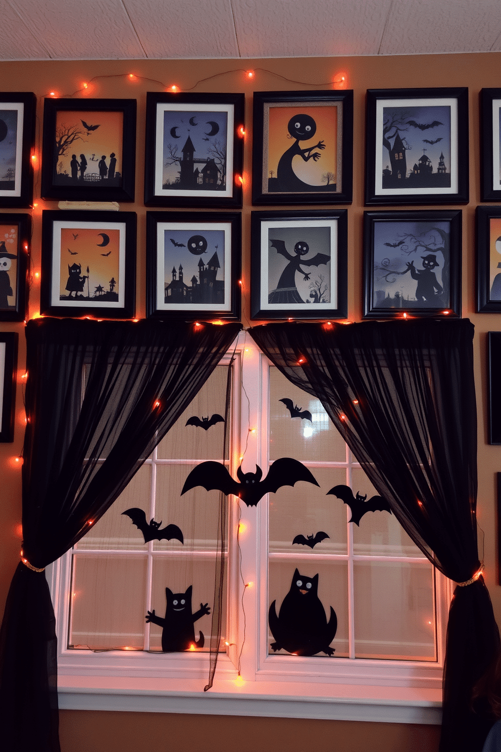 A collection of framed spooky art featuring Halloween themes adorns the walls. Each piece showcases eerie landscapes and whimsical characters, creating a hauntingly beautiful atmosphere. The windows are decorated with a mix of sheer black curtains and orange string lights. Silhouettes of bats and ghosts are cut out and placed on the glass, enhancing the festive spirit of the season.