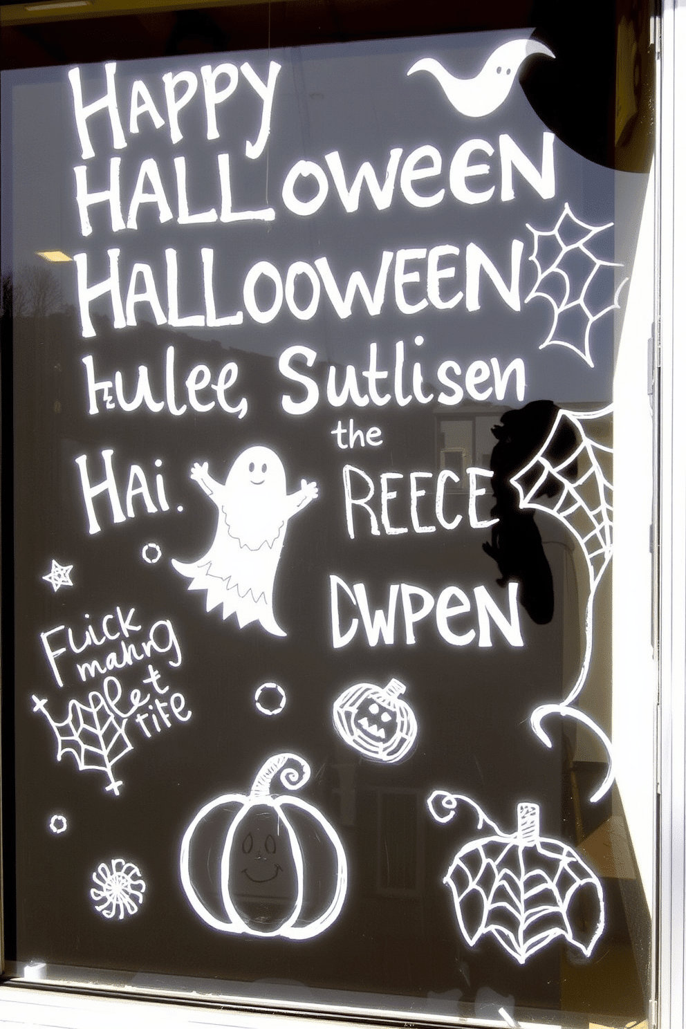 A whimsical Halloween window display featuring chalkboard paint applied to the glass. The design includes spooky messages and playful drawings of ghosts, pumpkins, and cobwebs, all crafted with white chalk for a striking contrast.