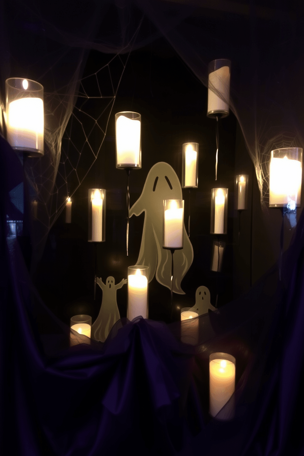 Create an eerie Halloween window display featuring floating candles that appear to levitate against a dark backdrop. The candles should vary in height and be illuminated with a soft flickering glow to enhance the haunted atmosphere. Incorporate spider webs and ghostly figures peeking through the window to add an extra layer of spookiness. Use deep purple and black fabrics to drape around the window, creating a mysterious and enchanting effect.