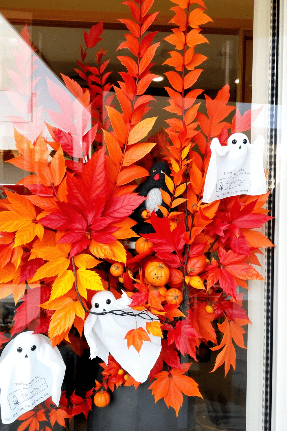 A collection of decorative fall leaves in vibrant oranges and deep reds is arranged around a spooky Halloween theme. Ghostly figures and miniature pumpkins are intertwined among the leaves, creating a whimsical yet eerie atmosphere in the window display.