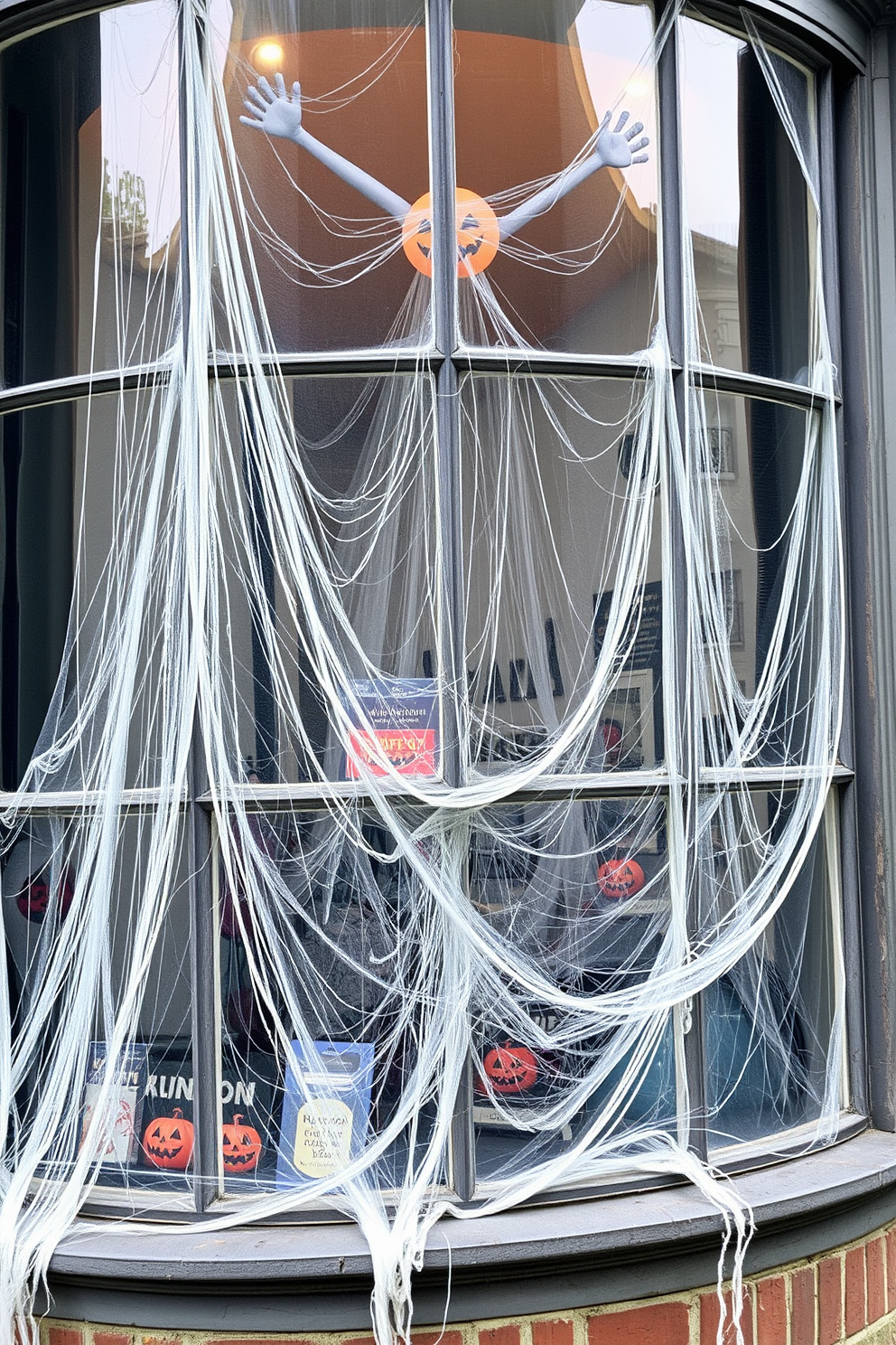 A spooky window display for Halloween. Creepy cobwebs are draped across the windows, creating an eerie atmosphere that sets the mood for the season.