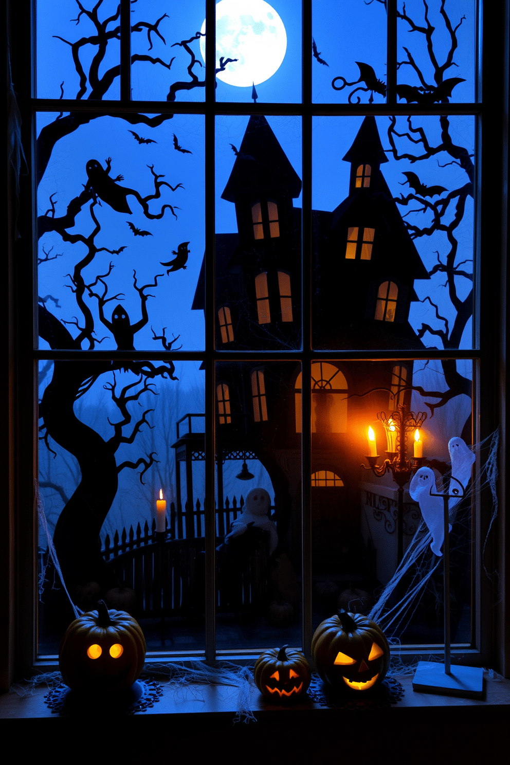 A haunted house scene fills the window with eerie silhouettes of twisted trees and a crooked mansion. Ghostly figures float in the air, illuminated by the glow of flickering candles and a full moon in the background. Spooky decorations like cobwebs and bats adorn the window frame, creating a chilling atmosphere. Pumpkins with carved faces sit on the ledge, adding a touch of Halloween spirit to the haunting display.