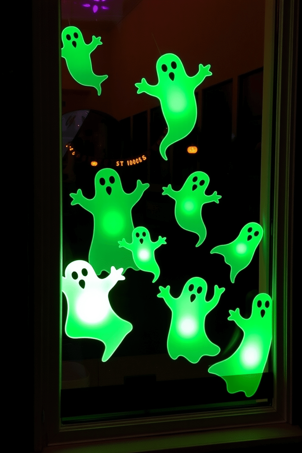 Create a whimsical Halloween window display featuring glow-in-the-dark ghost cutouts. The ghosts are playfully arranged in various sizes, with some floating and others leaning against the window frame, creating a spooky yet fun atmosphere.