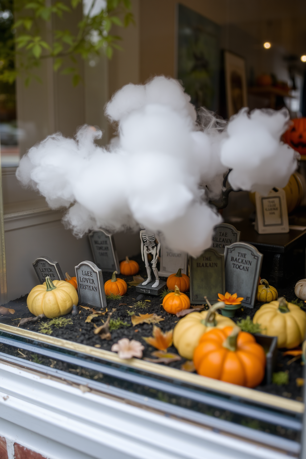 A whimsical miniature graveyard scene is set up in a window for Halloween. The display features tiny tombstones, a skeletal figure, and eerie fog created with cotton, all surrounded by small pumpkins and autumn leaves.