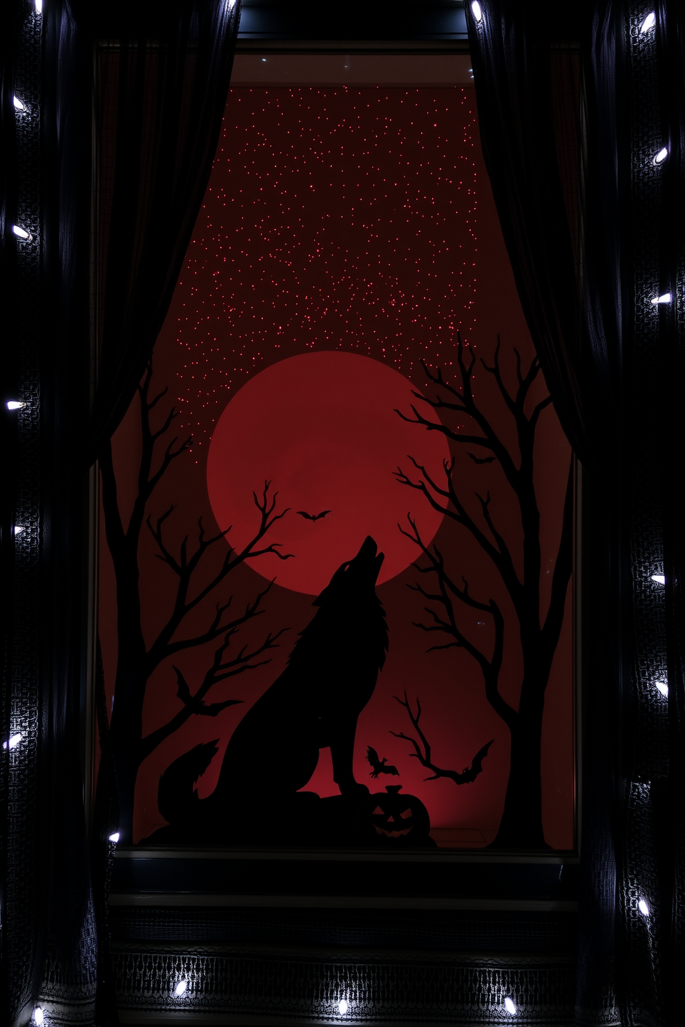 A striking Halloween window display featuring the silhouette of a howling wolf against a starry night sky. The window is framed with black lace curtains, and ghostly white lights create an ethereal glow around the edges.