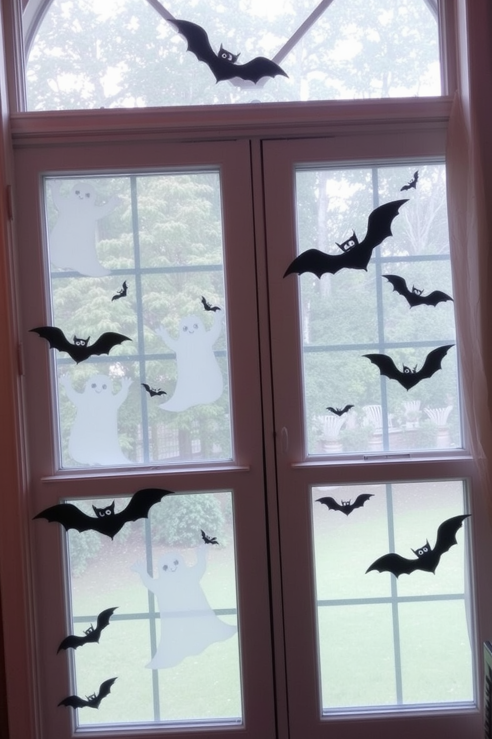 A Halloween-themed window decorated with translucent film featuring spooky designs like ghosts and bats. The eerie patterns create a festive atmosphere while allowing soft light to filter into the room.