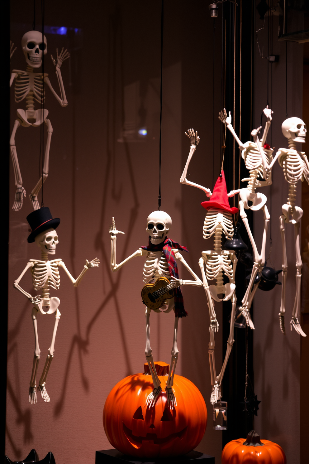 Hanging skeletons in various poses create a playful and spooky atmosphere for Halloween. The window displays feature a mix of life-sized and miniature skeletons engaging in fun activities, such as dancing or playing musical instruments. The skeletons are adorned with colorful accessories like hats and scarves to enhance their whimsical look. Soft, ambient lighting illuminates the scene, casting interesting shadows that add to the eerie yet festive vibe.