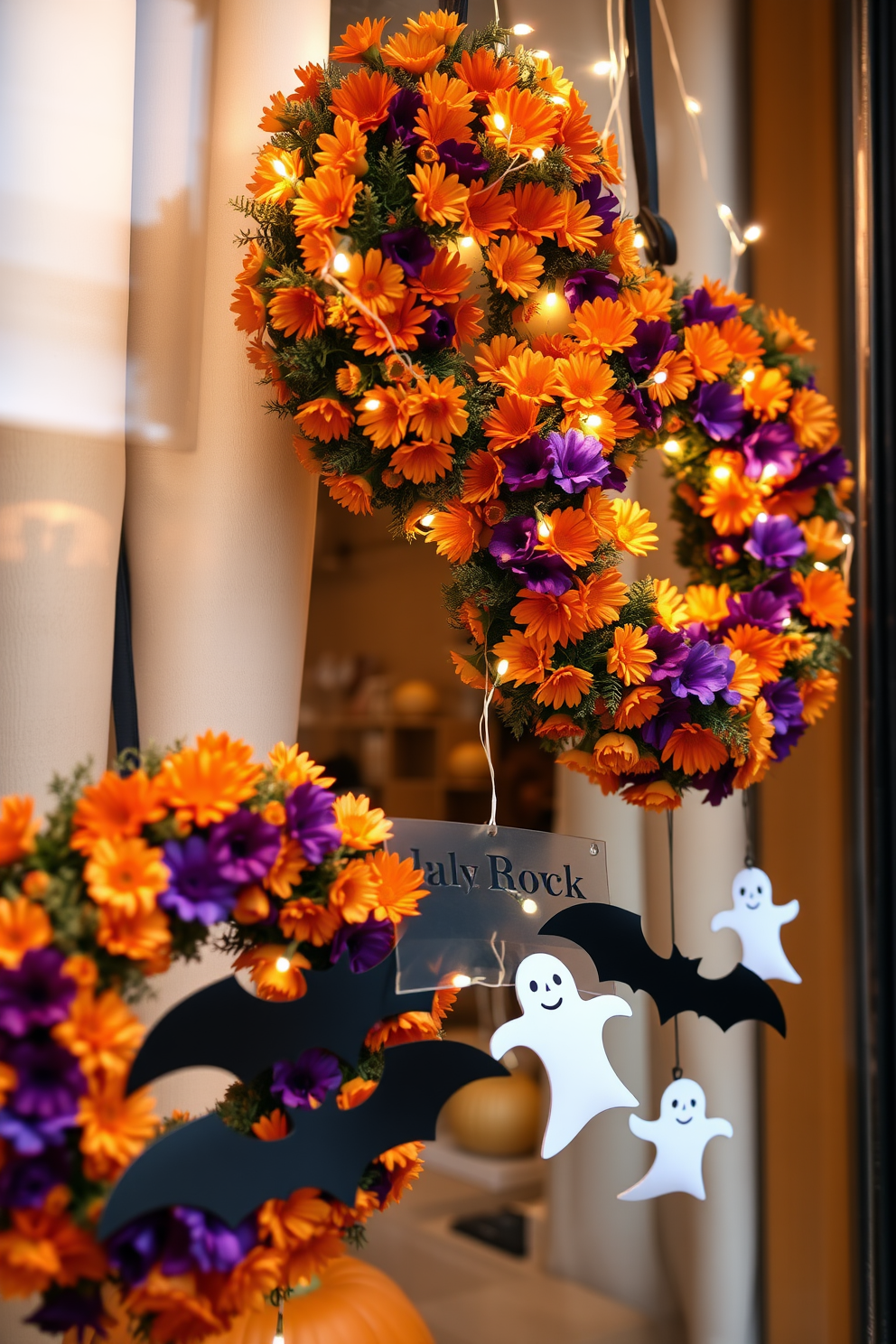 A charming window display adorned with seasonal wreaths featuring Halloween elements. The wreaths are crafted from a mix of vibrant orange and deep purple flowers, interspersed with small pumpkins and twinkling fairy lights. Bat-shaped cutouts and miniature ghosts dangle playfully from the window frame. The overall ambiance is festive and inviting, perfect for celebrating the Halloween spirit.