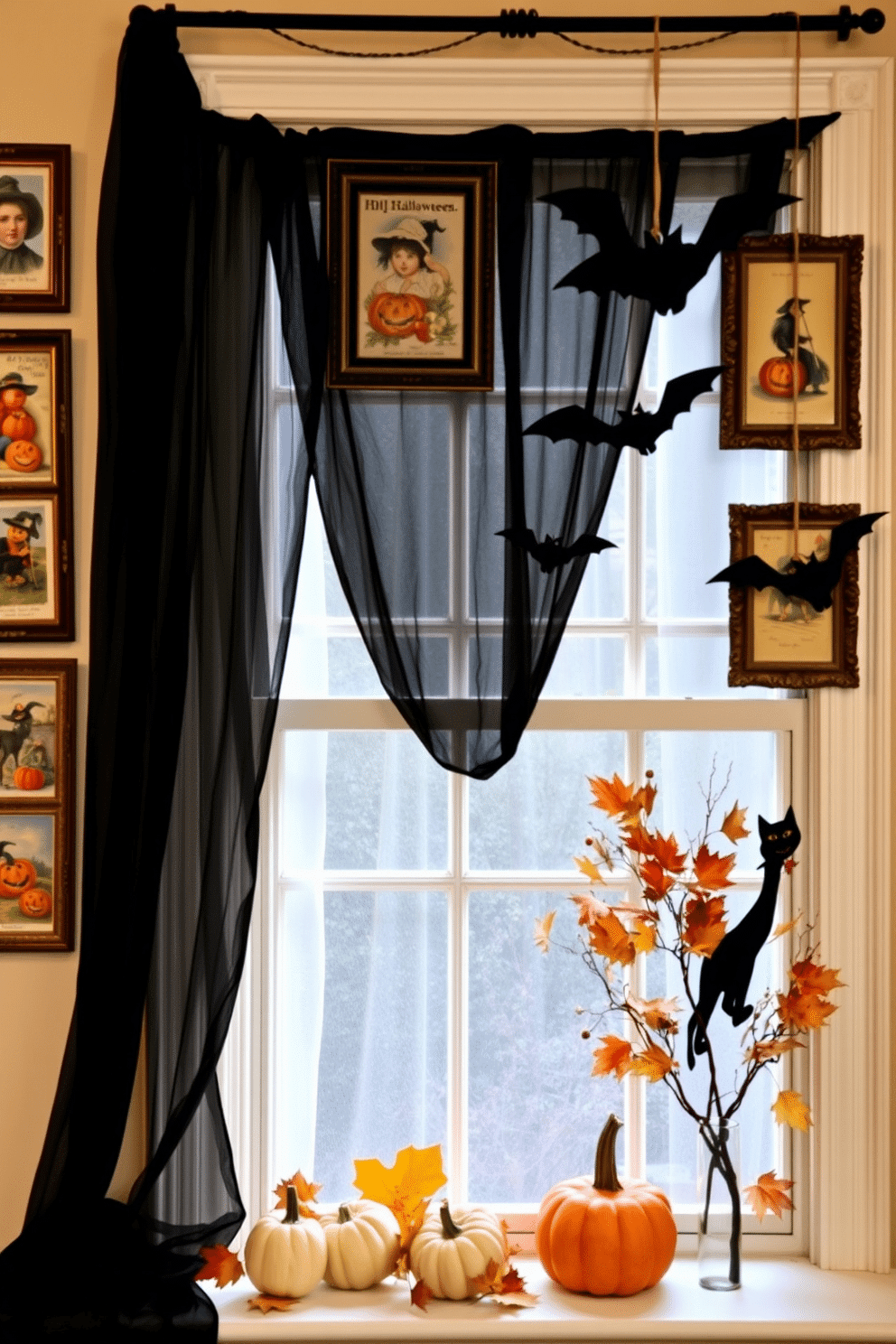 A collection of vintage Halloween postcards displayed in ornate frames hangs on a gallery wall. Each postcard features classic Halloween imagery such as pumpkins, witches, and black cats, adding a nostalgic charm to the decor. The window is adorned with spooky decorations, including sheer black curtains and hanging bats made of paper. A festive arrangement of gourds and autumn leaves sits on the windowsill, creating a warm and inviting Halloween atmosphere.