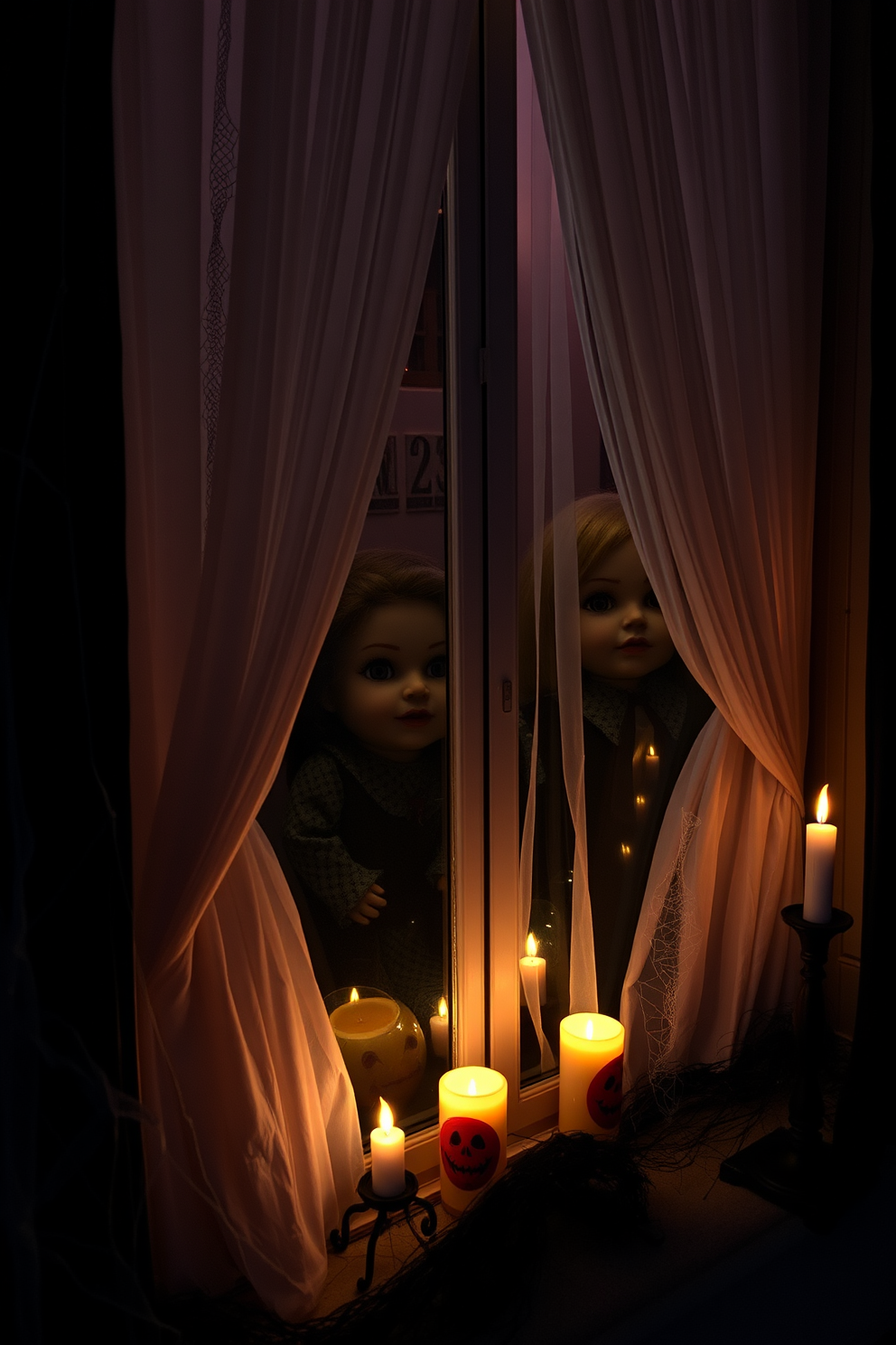 Creepy dolls are partially hidden behind sheer curtains, their porcelain faces peeking out with unsettling expressions. The window is adorned with Halloween-themed decorations, including cobwebs and flickering LED candles, creating an eerie ambiance.