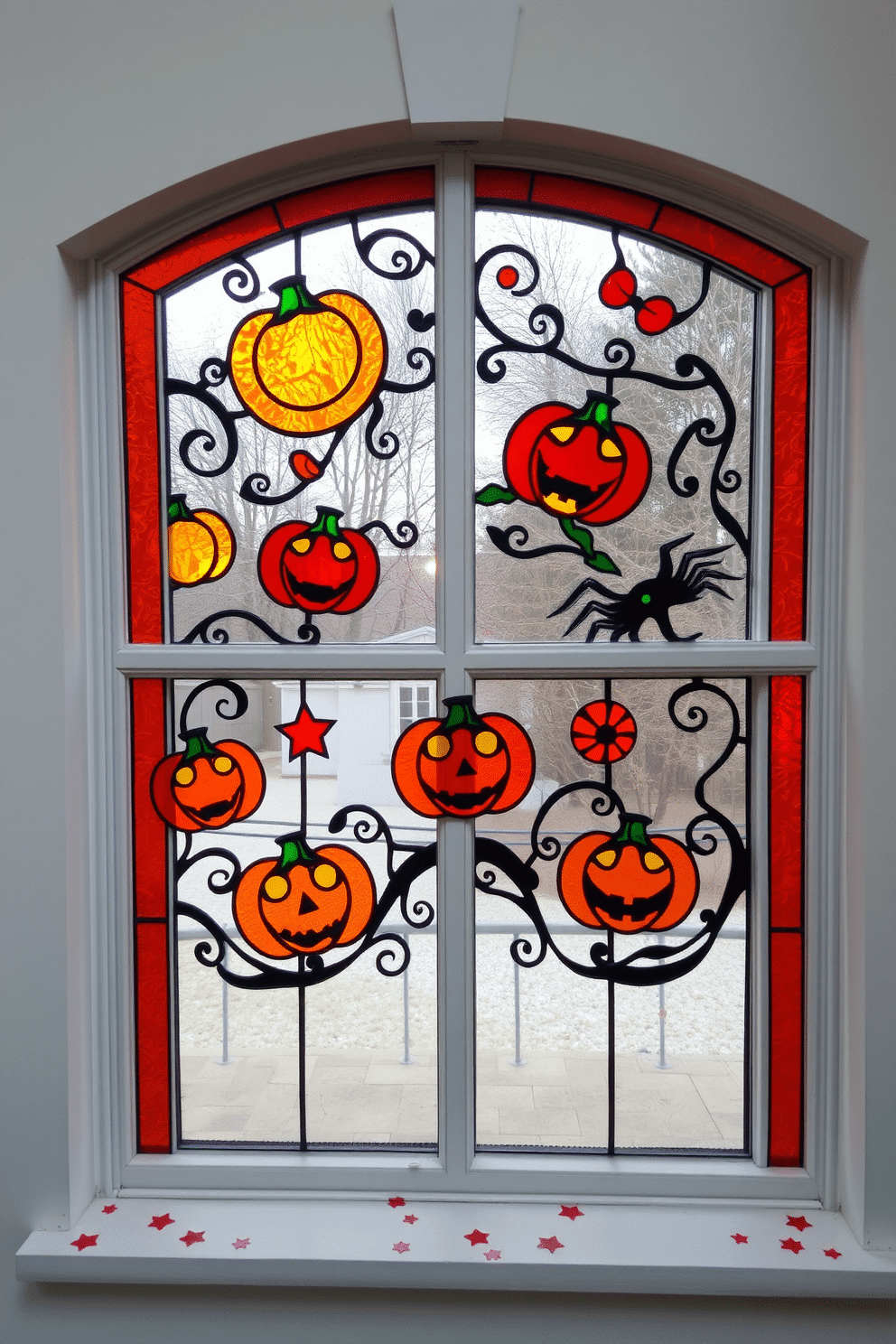 A stunning window adorned with faux stained glass featuring intricate Halloween motifs. The design showcases vibrant colors and whimsical shapes, creating a festive atmosphere that enhances the seasonal decor.