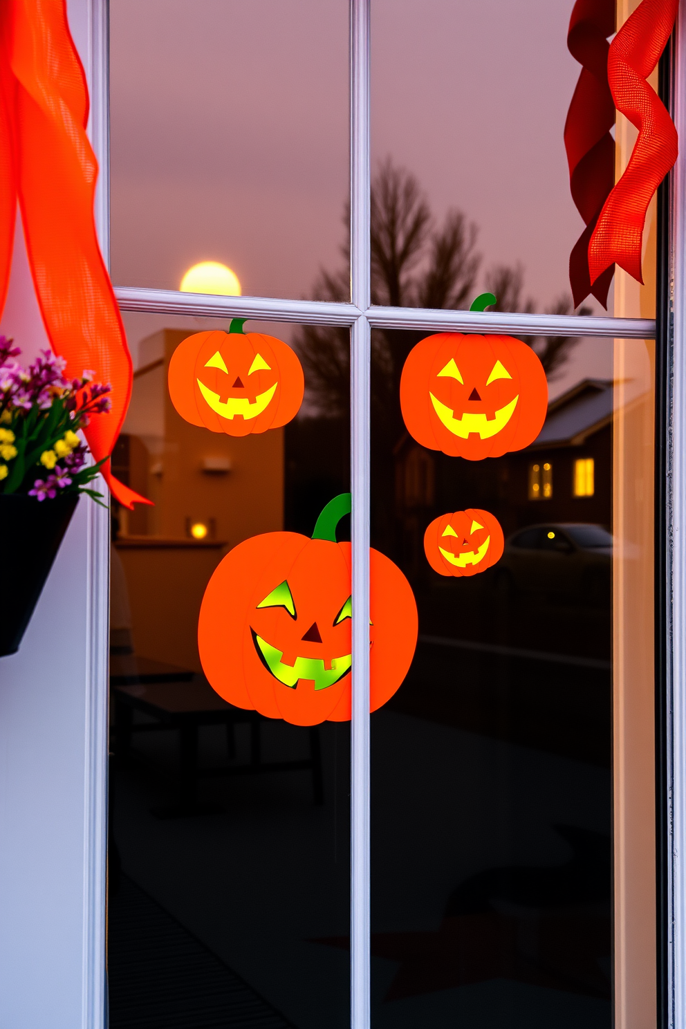 A festive window display featuring pumpkin decals with glowing faces. The warm orange and yellow hues create a cheerful atmosphere, inviting the spirit of Halloween into the home.