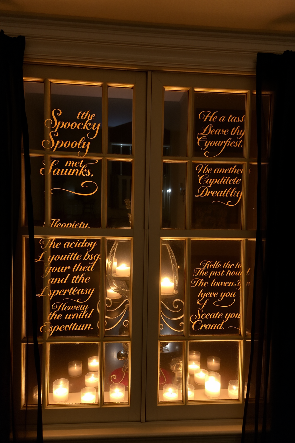 A set of window panes adorned with spooky quotes in elegant, flowing script. The panes are framed by dark, sheer curtains and illuminated by flickering candlelight from within the room.