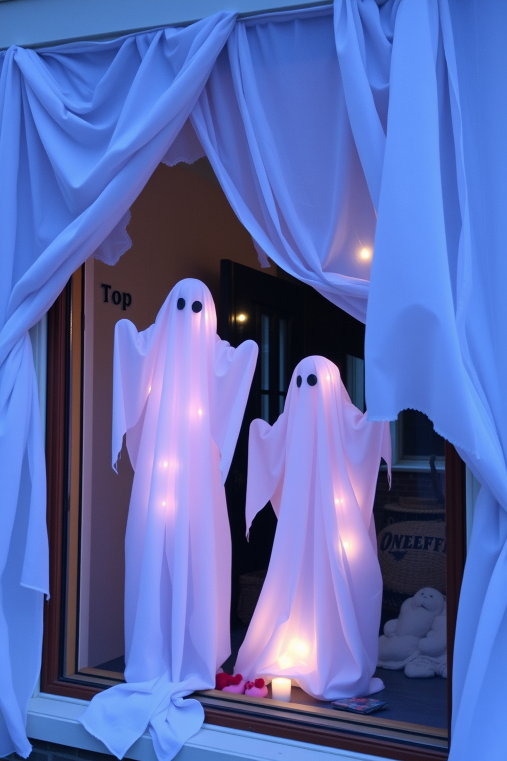 Create a spooky Halloween window display featuring ghostly figures made from white sheets. The figures are draped over a wooden frame, with soft, glowing lights illuminating them from within.